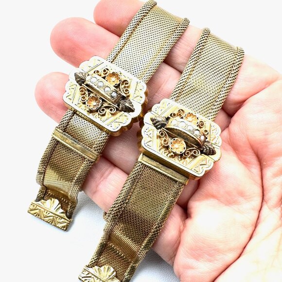 Antique Gold Filled Rare Pair of Wedding Bracelets Seed Pearl Ornate Victorian - Picture 1 of 6